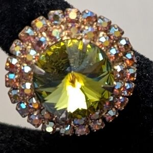 #102. Crystal Halo Statement Ring - Olive Green Center